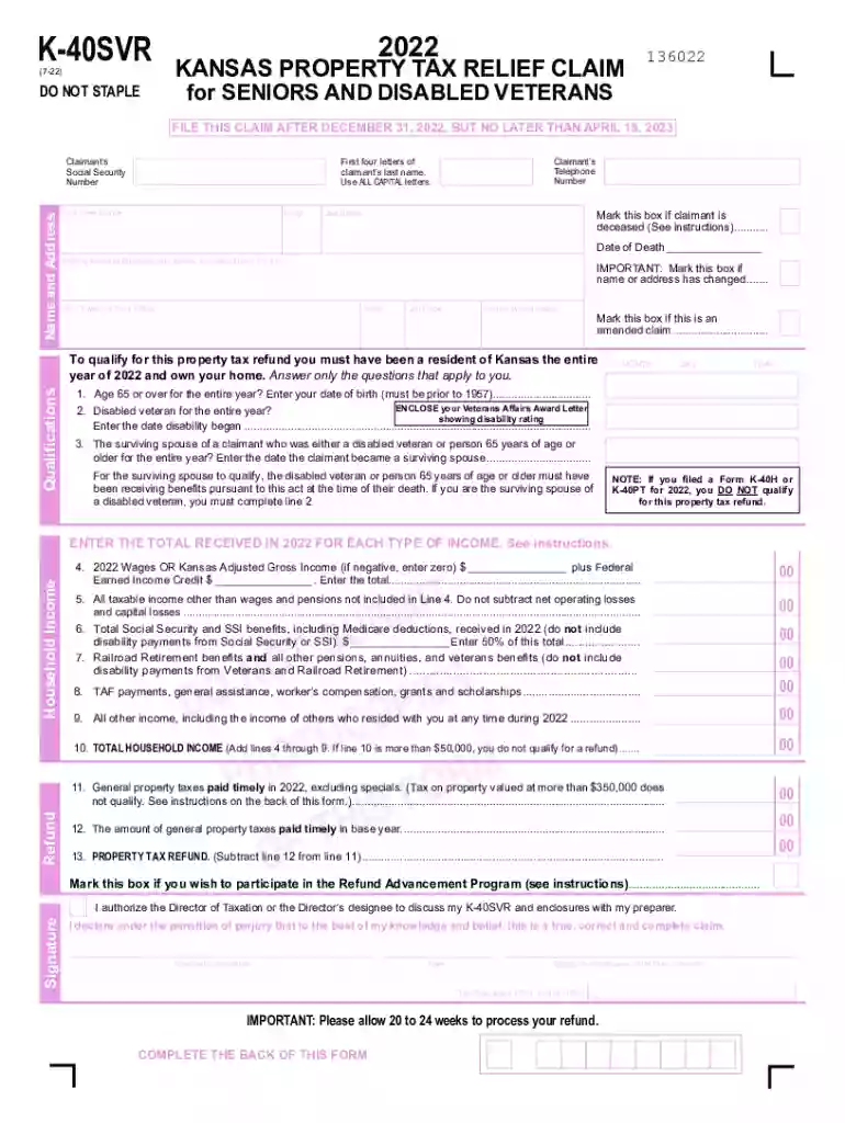 K-40SVR Property Tax Relief Claim for Seniors and Disabled Preview on Page 1