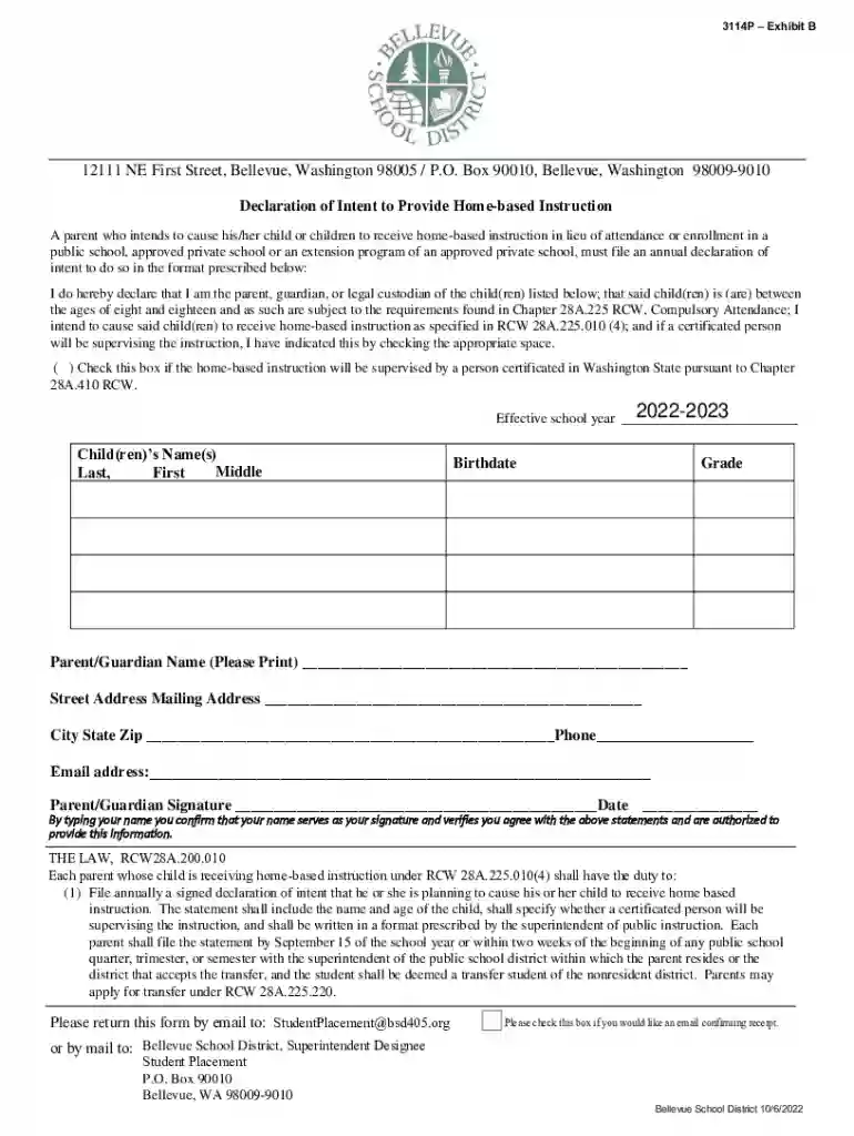3114P - Exhibit B - Declaration of Intent to Provide Home-based Instruction Preview on Page 1