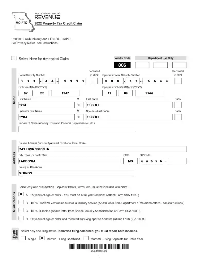 Form MO-PTC - 2022 Property Tax Credit Claim Preview on Page 1