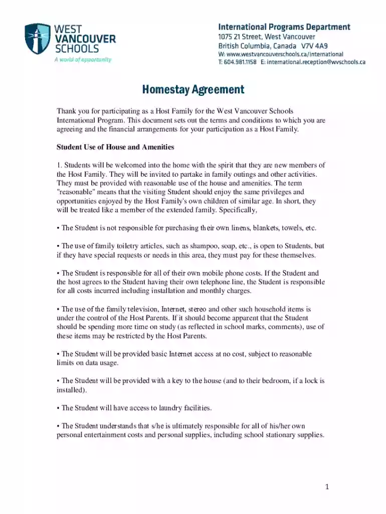Homestay Participation Agreement - West Vancouver Schools Preview on Page 1