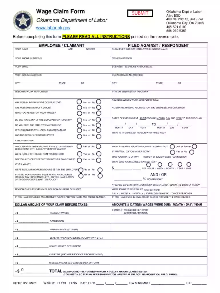 Wage Claim Form(Oklahoma)Welcome to Legal Aid ... Preview on Page 1