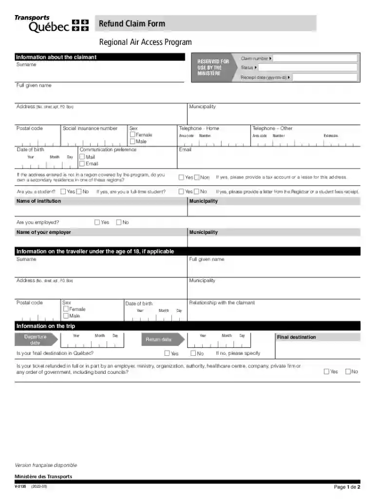 Refund Claim Form - Regional Air Access Program Preview on Page 1