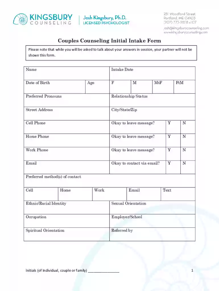 Fillable Online Couples Counseling Initial Intake Form Please Preview on Page 1