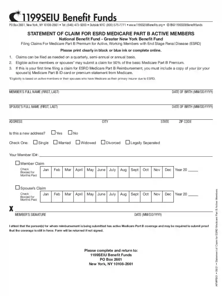 Statement of Claim for ESRD Medicare Part B Active Members1199SEIU Benefit Funds Preview on Page 1