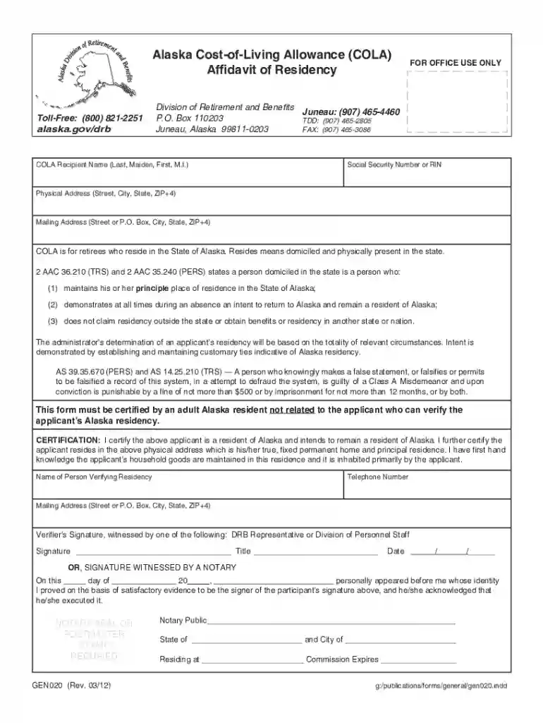 Alaska Cost-of-Living Allowance (COLA) Affidavit of Residency Preview on Page 1