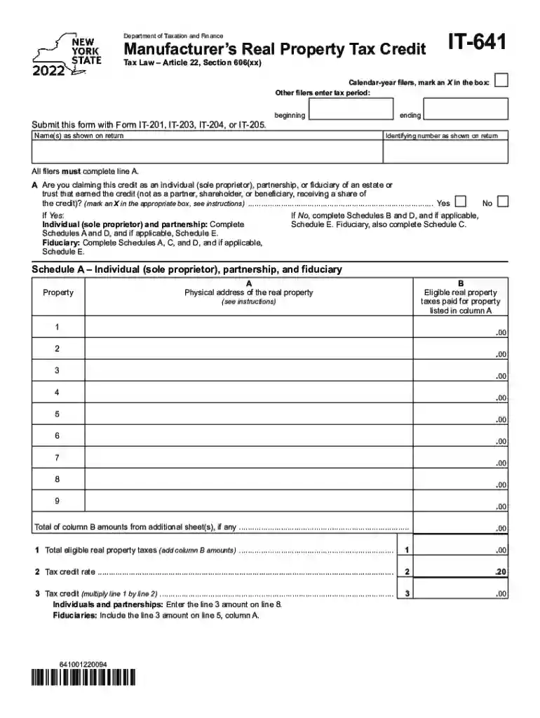 Form IT-641 Manufacturer's Real Property Tax Credit Tax Year ... Preview on Page 1