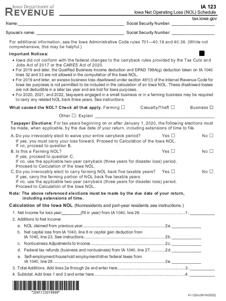 Application of Net Operating Loss for Iowa - e-Form RS Login Preview on Page 1