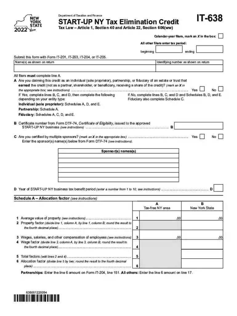 Form IT-638 START-UP NY Tax Elimination Credit Tax Year ... Preview on Page 1