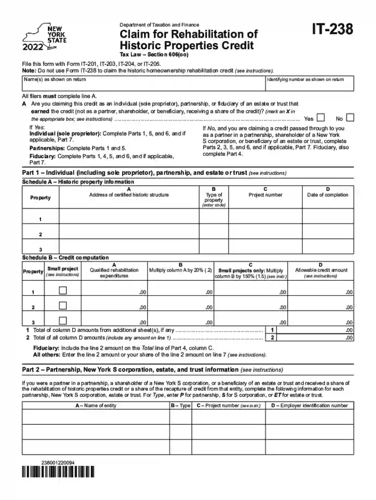 New York Form IT-238 (Claim for Rehabilitation of Historic ... Preview on Page 1