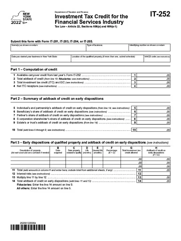 Form IT-252 Investment Tax Credit for the Financial Services ... Preview on Page 1
