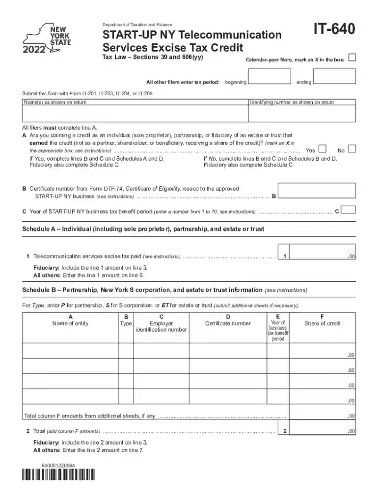 Form IT-640 START-UP NY Telecommunication Services Excise Tax Credit Tax Year 2022 Preview on Page 1