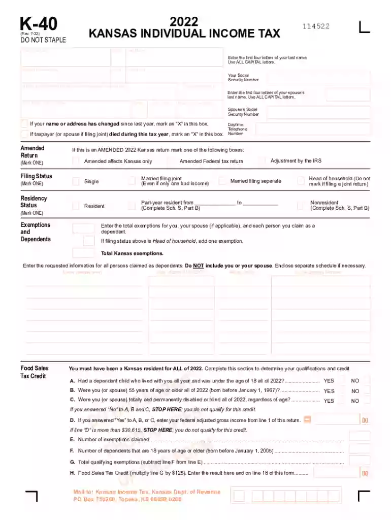 K-40 Individual Income Tax Return Rev. 7-22. You must file a Kansas individual income tax return to receive any refund of taxes withheld, regardless of the amount of total income. Preview on Page 1