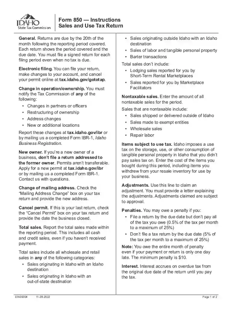 Form 850 Instructions Preview on Page 1