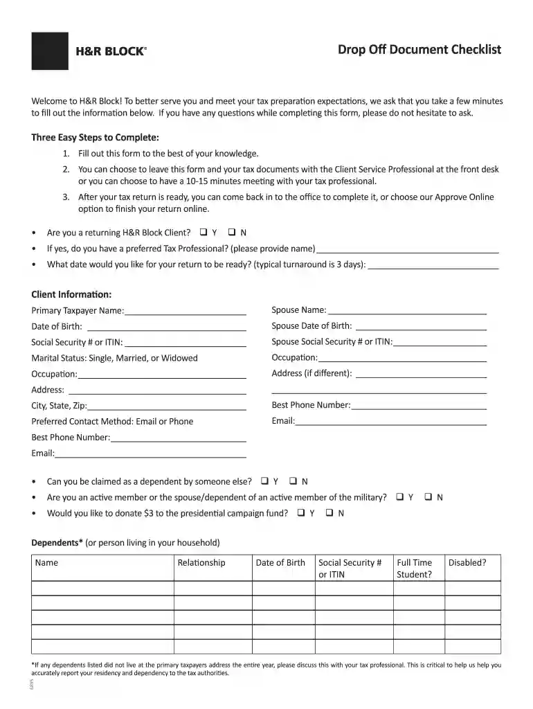 h r block intake form Preview on Page 1