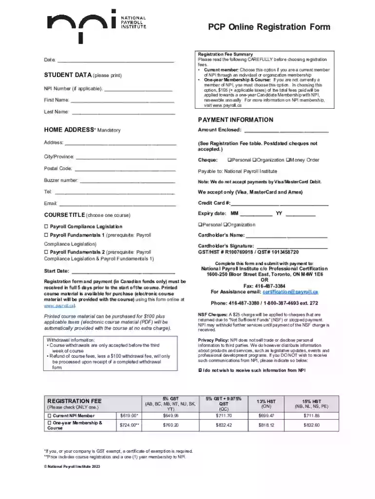 PCP Online Registraton Form Preview on Page 1