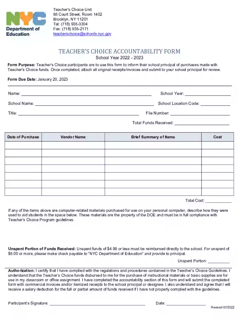 Teacher's Choice Statement of Purpose Accountability form Preview on Page 1