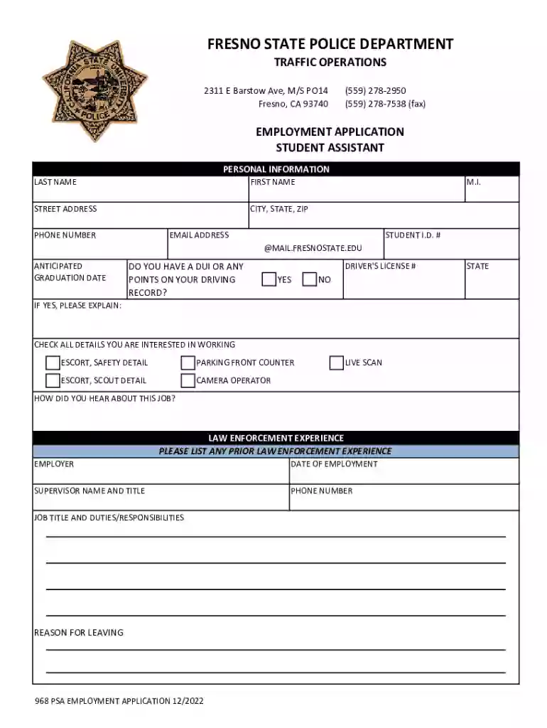 968 FSPD PSA EMPLOYMENT APPLICATION xlsx Preview on Page 1