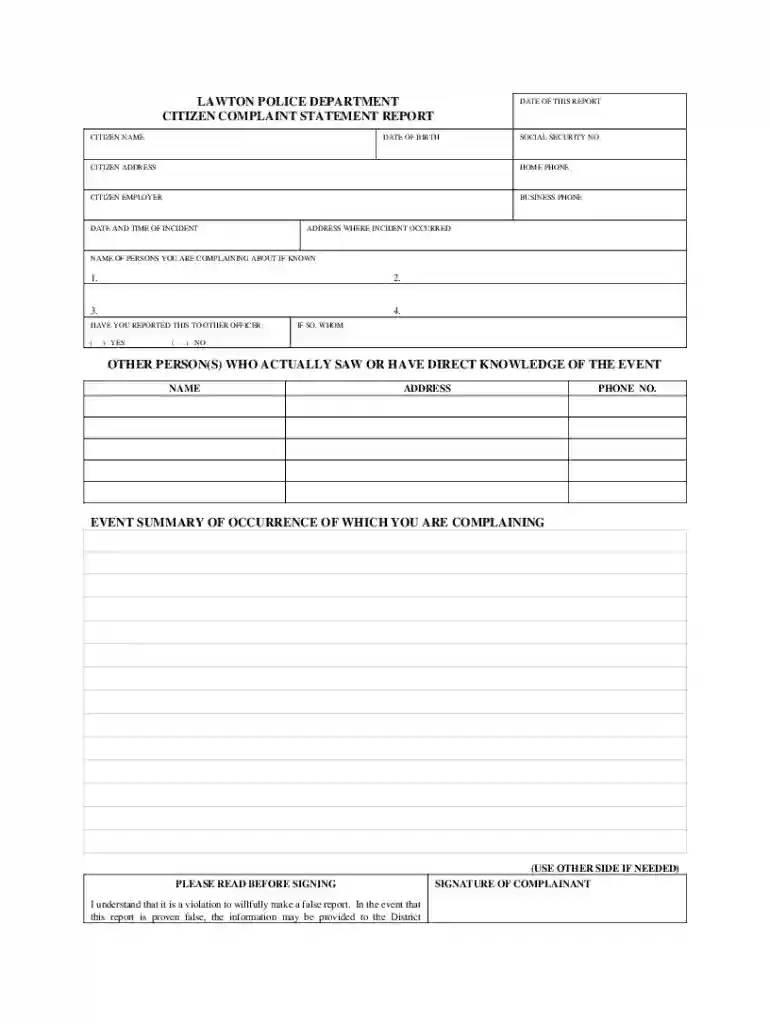 LAWTON POLICE DEPARTMENT CITIZEN COMPLAINT Preview on Page 1