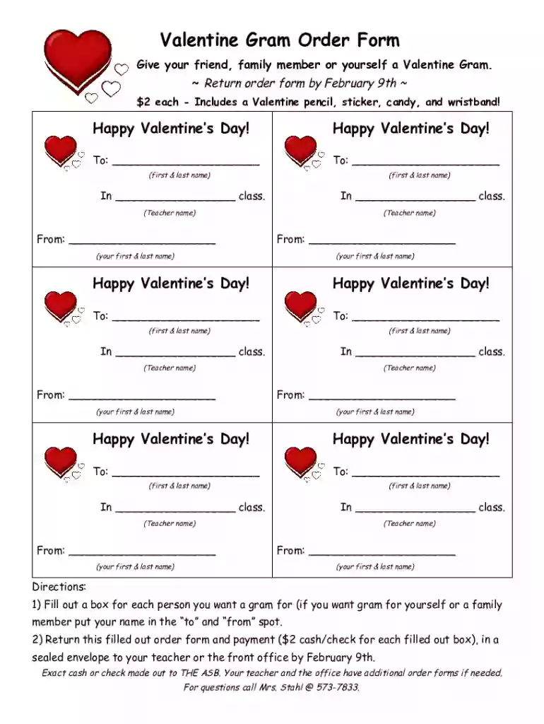 Valentine's Day Candy Gram Order Form Preview on Page 1