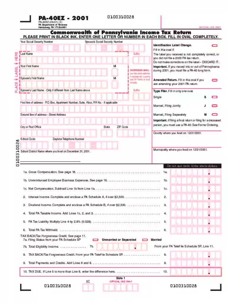 2001 Pennsylvania Income Tax Return (PA-40EZ/PAW-2S). Forms/Publications Preview on Page 1