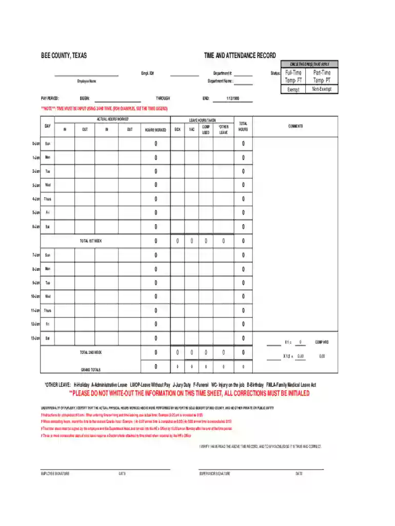 Bee County Texas Time and Attendance Record Preview on Page 1