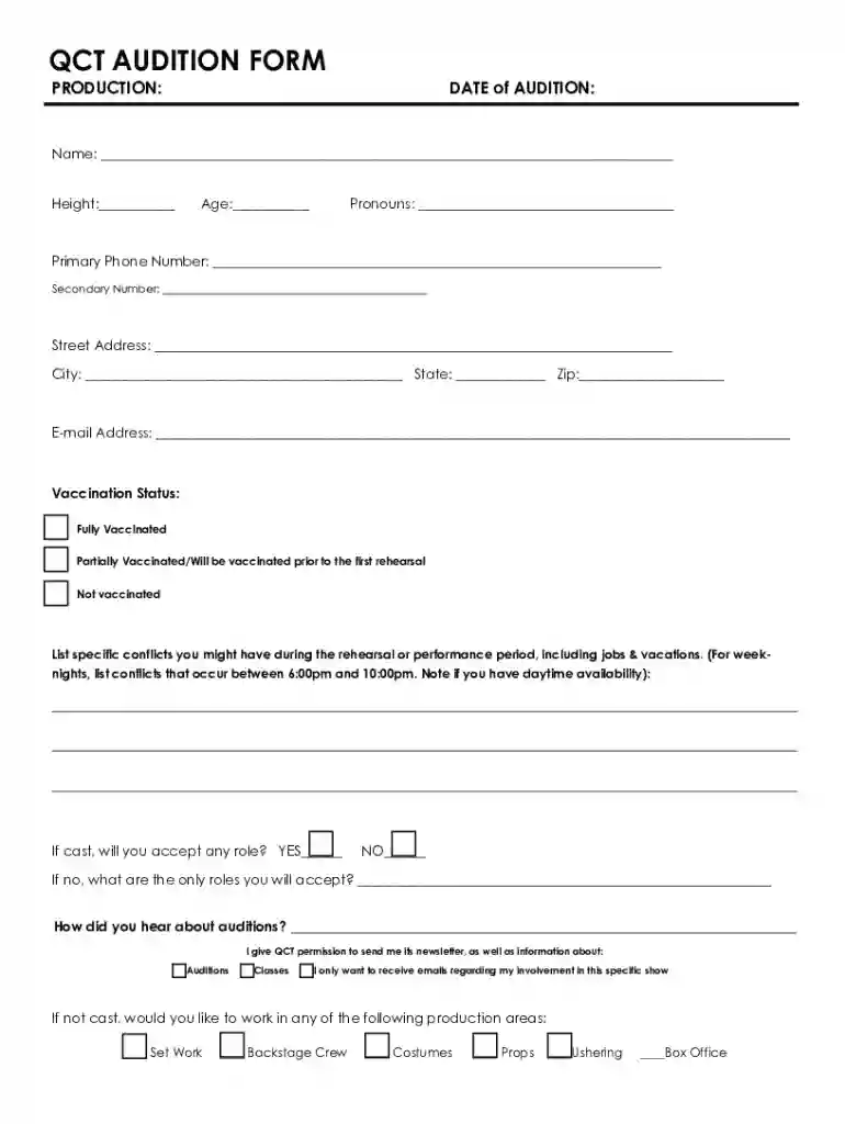 Audition Form - Quincy Community Theatre Preview on Page 1