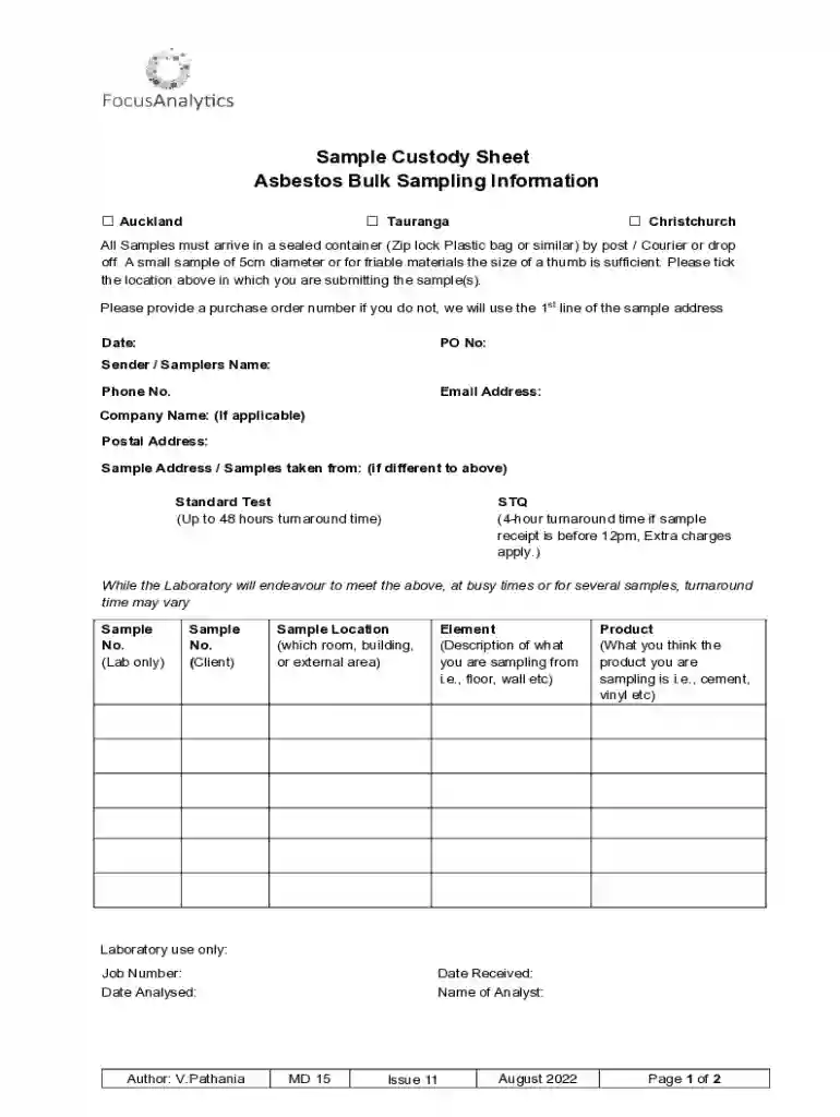 Sample Custody Sheet Asbestos Bulk Sampling Information Preview on Page 1