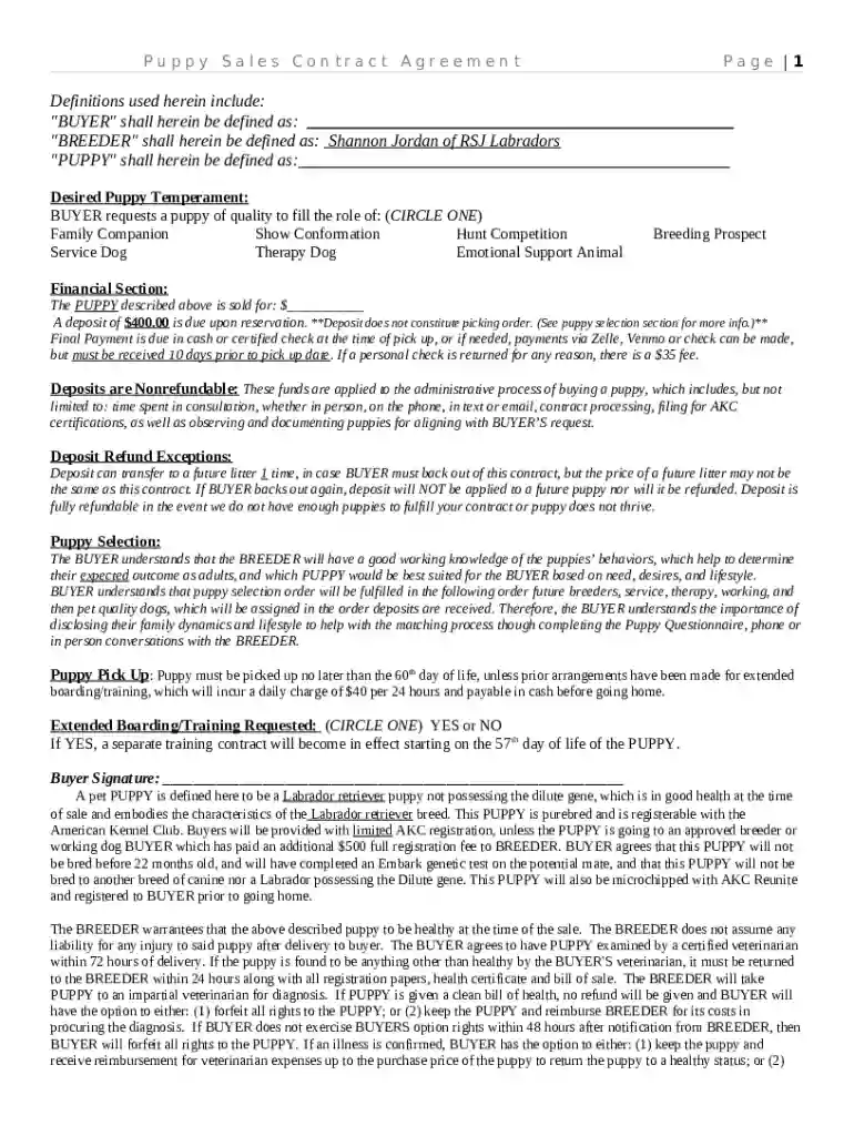 Puppy Sale Contract Agreement Preview on Page 1