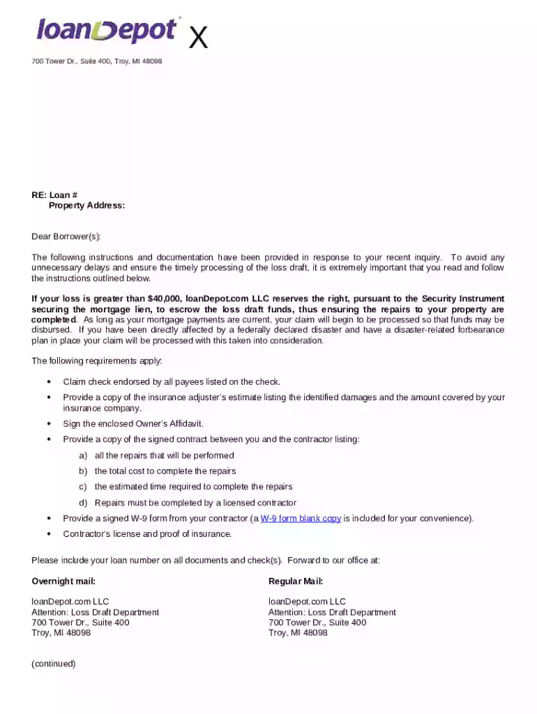 LoanDepot Loss Draft Claim Form Preview on Page 1