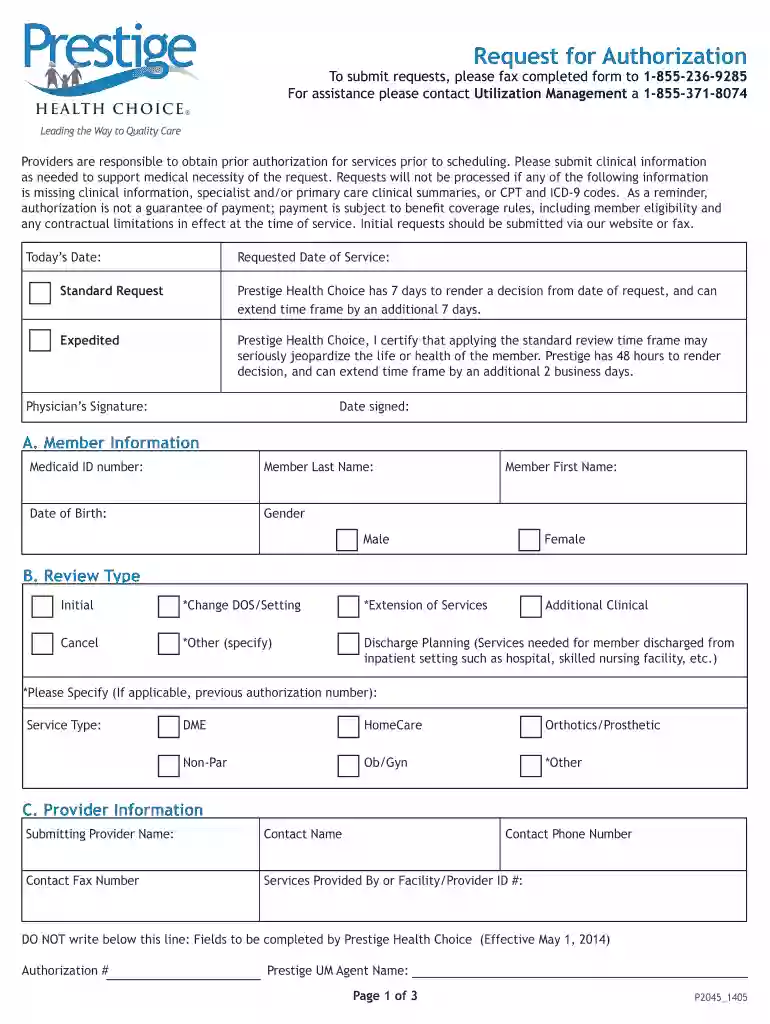 prestige prior authorization form Preview on Page 1