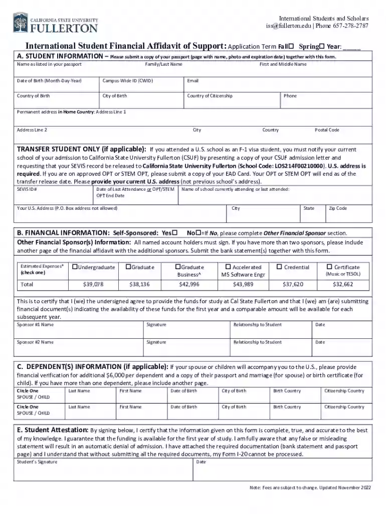 International Student Financial Affidavit of Support for Newly Preview on Page 1