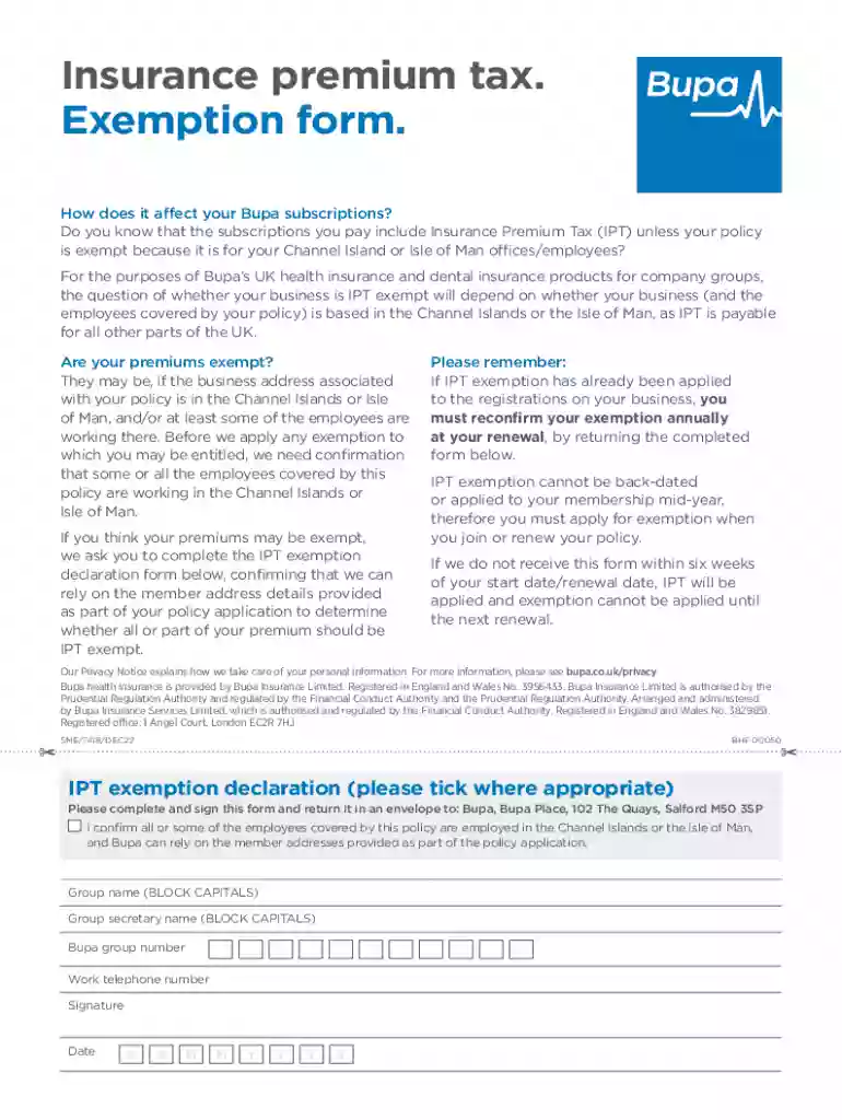 Insurance premium tax (IPT) - Exemption form - Bupa Preview on Page 1
