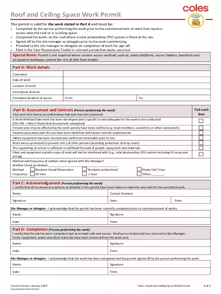 FORM Permit - Working at Heights, Roof and Ceiling Space Preview on Page 1