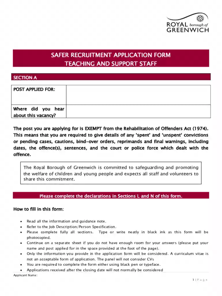 application form - safer recruitment pack Preview on Page 1