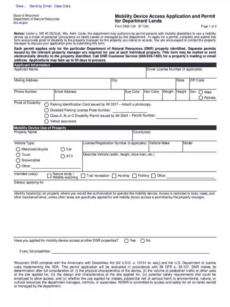 Form 2500-124 Mobility Device Access Application and Permit for Department Lands Preview on Page 1