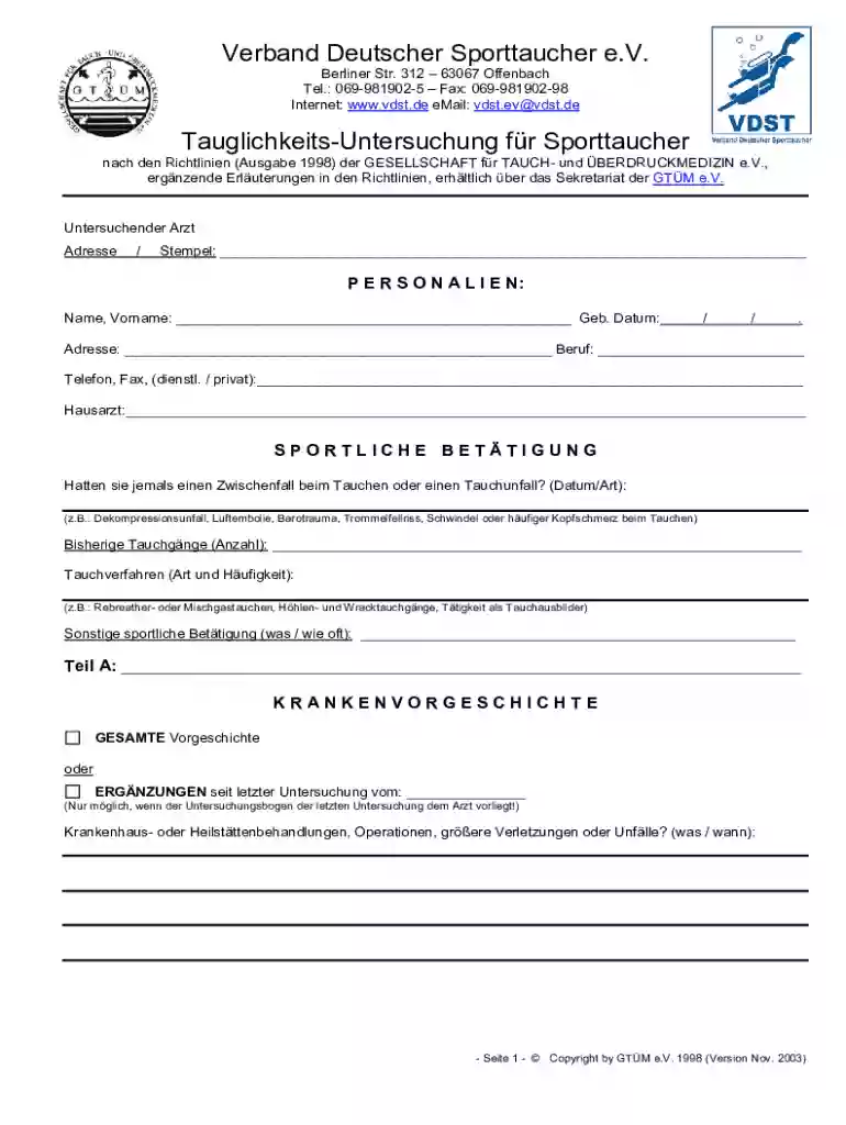 Downloads - Tauchtauglichkeit Tauchtauglichkeit Untersuchungsbogen nach den Richtlinien der GTM e V Preview on Page 1