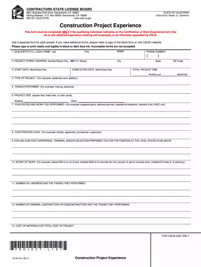 construction project experience form Preview on Page 1