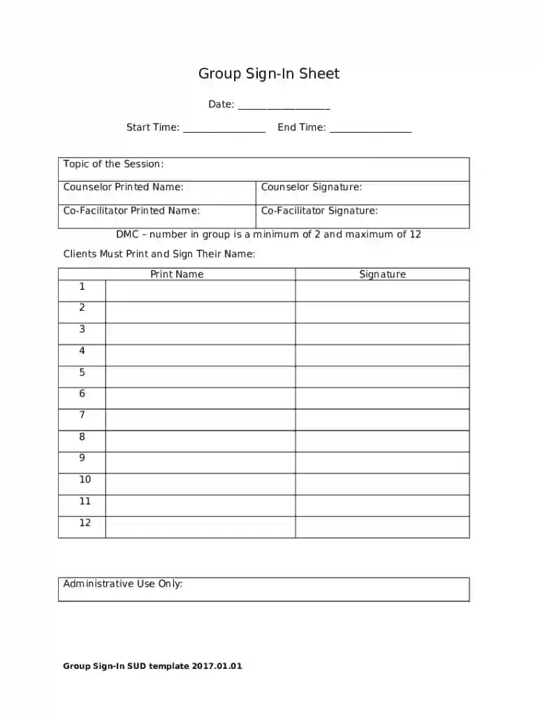 Group Counseling Sign-In Sheet Preview on Page 1