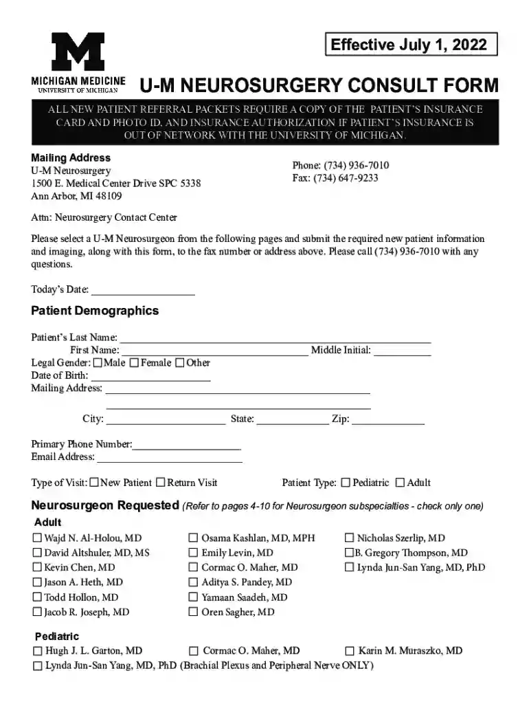U-M NEUROSURGERY CONSULT FORM - Michigan Medicine Preview on Page 1