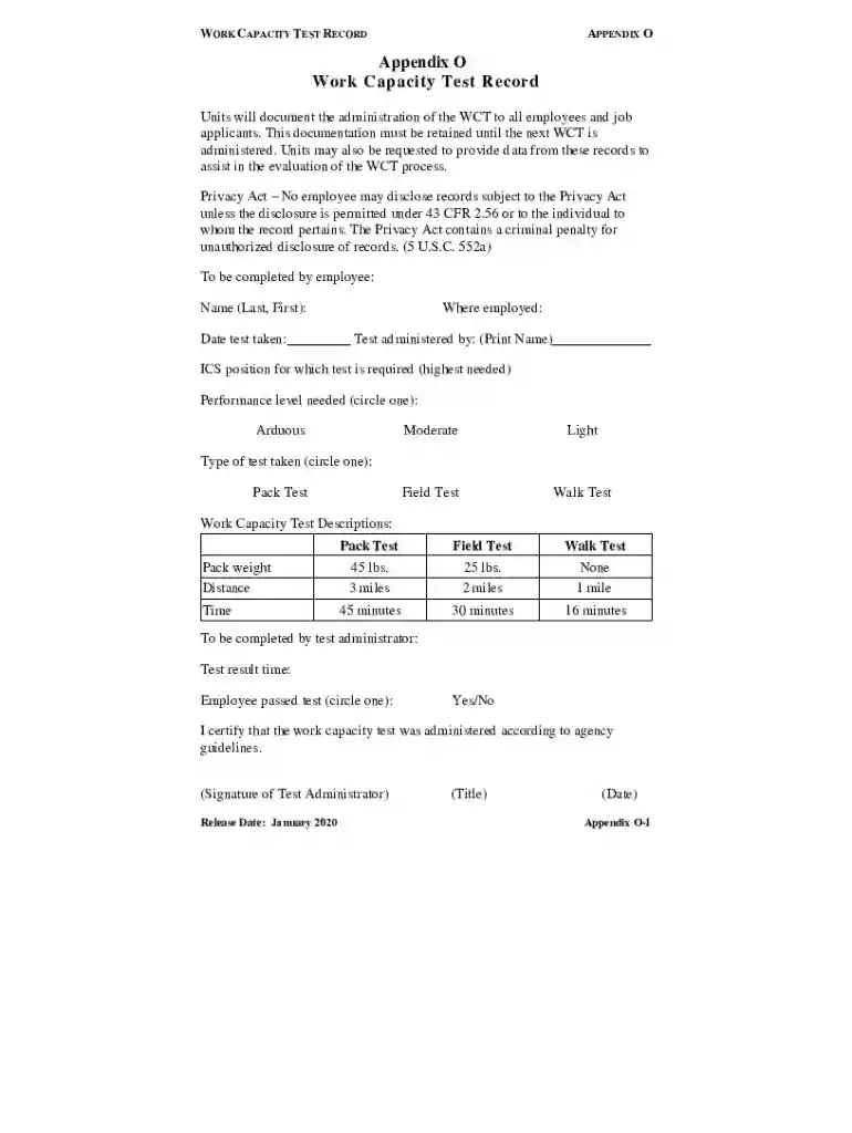Work Capacity Test Forms - Fill Online, Printable, Fillable, Blank Preview on Page 1