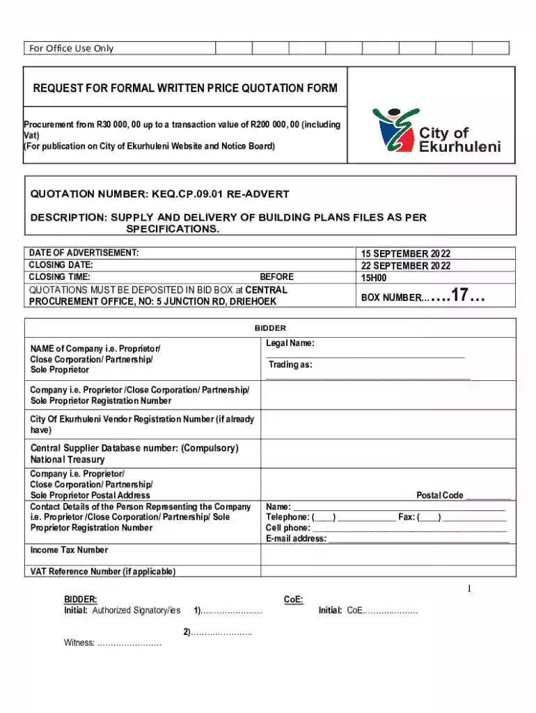 REQUEST FOR FORMAL WRITTEN PRICE - Ekurhuleni Preview on Page 1