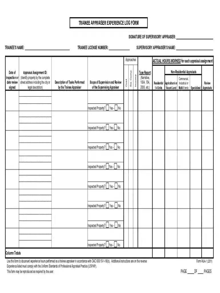 Trainee Appraiser Experience Log Form Preview on Page 1