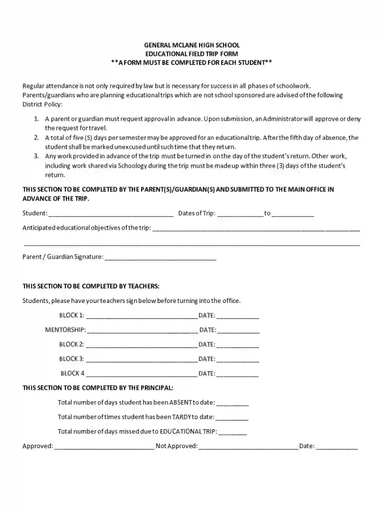 Educational Trip Form - General McLane School District Preview on Page 1
