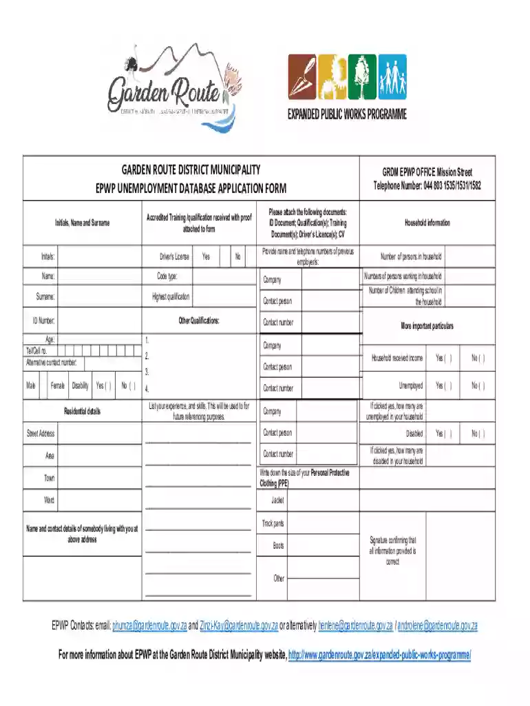 epwp unemployment database application form Preview on Page 1