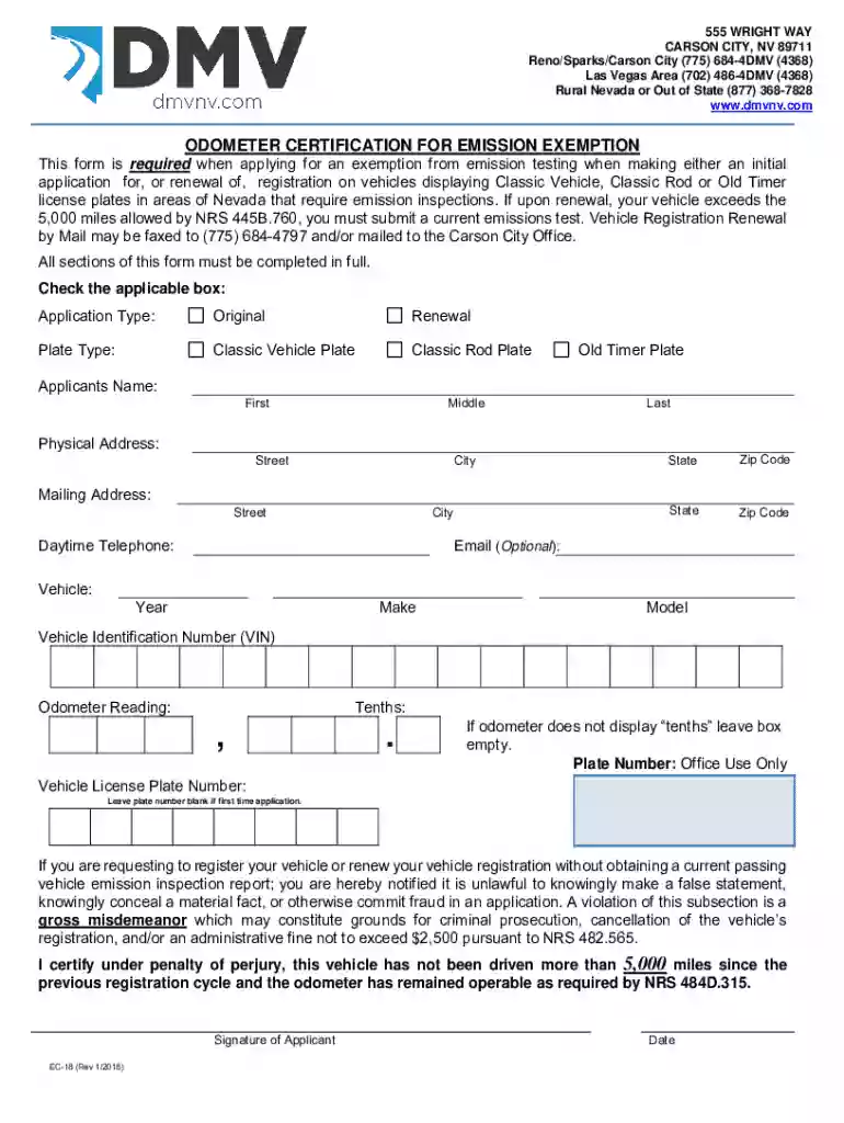 Nevada Odometer Certification for Emission Exemption Preview on Page 1
