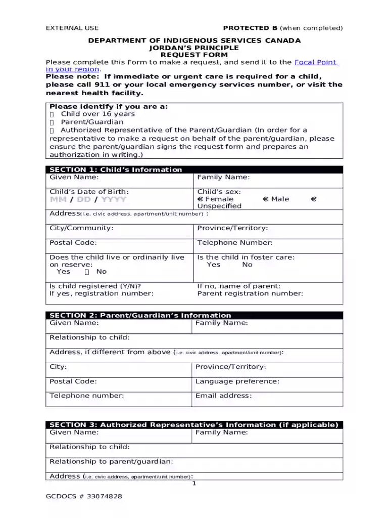 JORDAN'S PRINCIPLE REQUEST FORM Preview on Page 1