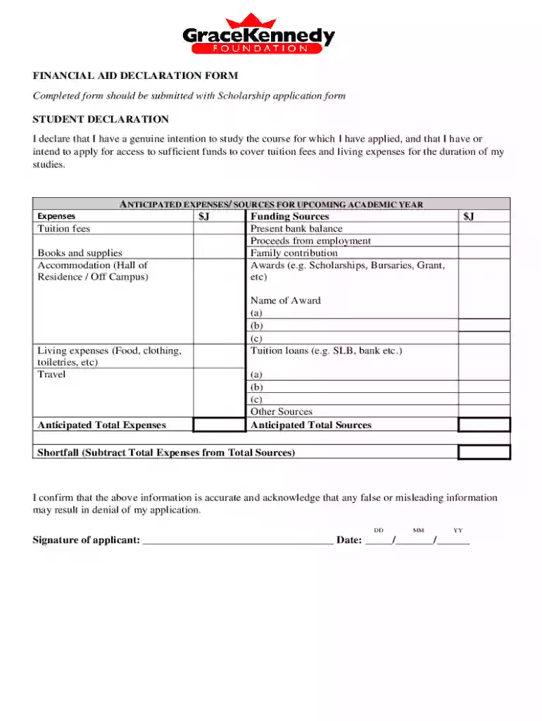 financial aid declaration form Preview on Page 1