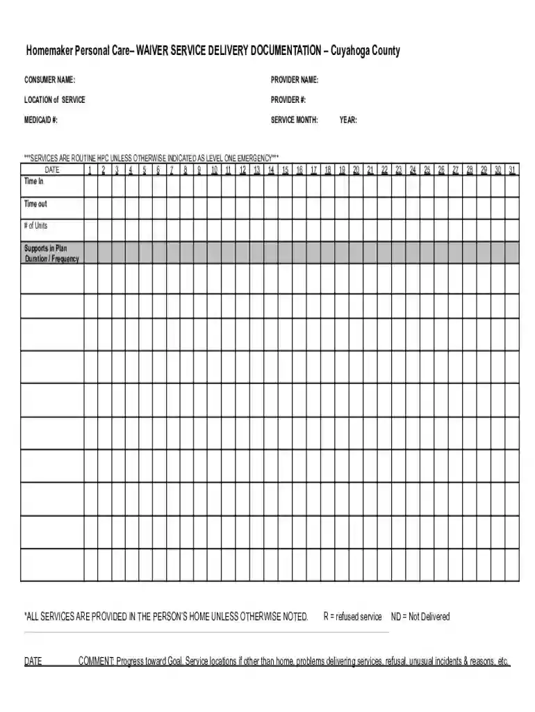 Homemaker Personal Care Waiver Service Documentation Preview on Page 1