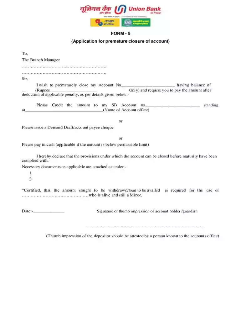 FORM 5 PPF Premature closure of account - Union Bank of India Preview on Page 1