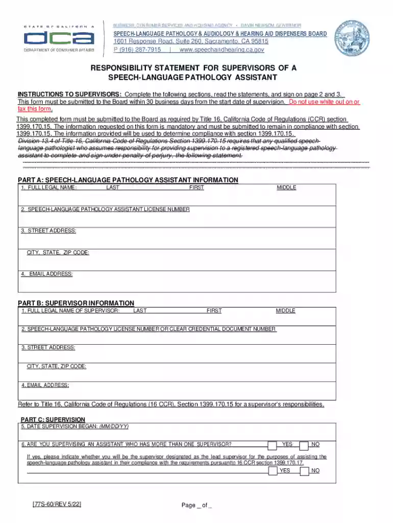 Responsibility Statement for Supervision of a Speech-Language Pathology Assistant (77S-60, Rev 5 22) Preview on Page 1